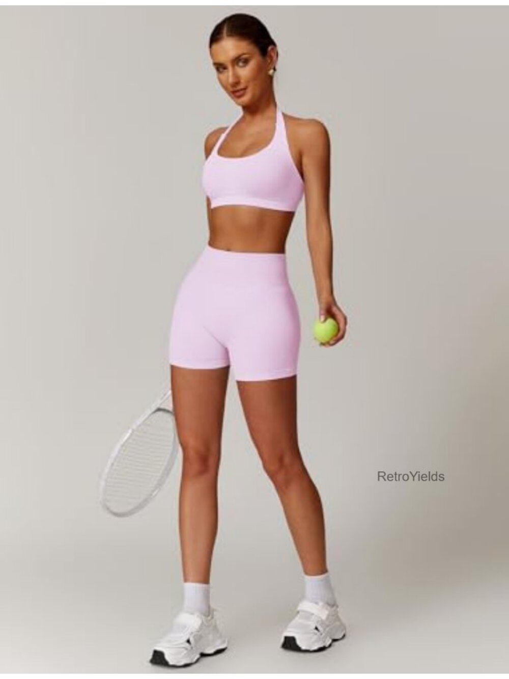Seamless 2-Piece Workout Set Halter Sports Bra Scrunch Biker Shorts Yoga Gym - Picture 4 of 6